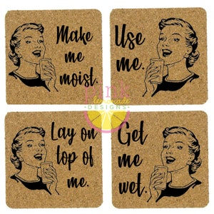 Set of 4 Square Cork Drink Coasters Vintage Lady Innuendo Drinking Alcohol Drunk Funny Irreverent Housewarming Gift