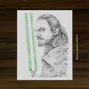 May include: A detailed black and white portrait of a man, formed from script, with a green lightsaber. The artwork is on white paper, with a pen beside it. The portrait is of a character from a science fiction film.