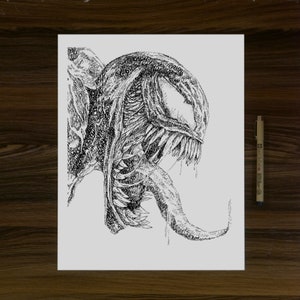 May include: A black and white pen and ink drawing of Venom, a fictional character from Marvel Comics. The drawing is detailed and shows Venom's sharp teeth and long tongue.