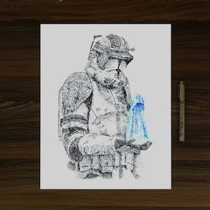 May include: A black and white pen and ink drawing of a Star Wars clone trooper holding a blue lightsaber. The trooper is wearing a helmet and armor. The drawing is detailed and intricate.