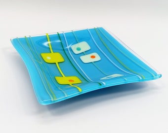 Mid-Century Modern Atomic Style Retro Turquoise, White and Yellow Gloss Finish Glass Decorative Dish Plate