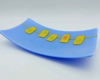 Mid-Century Modern Atomic Graphic Lilac, Yellow and Green Glass Serving or Decorative Dish Platter Plate