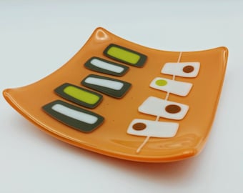 Mid-Century Modern Atomic Style Retro Orange, White, Brown, and Green Glass Decorative Dish Plate