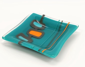 Mid-Century Modern Atomic Style Retro Teal, Grau, Türkis, Orange Glas dekorative Geschirrplatte