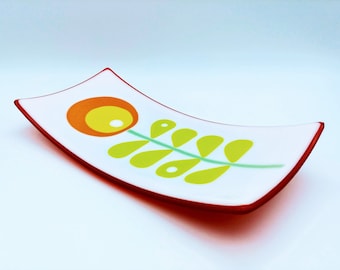 Mid-Century Modern 60s/70s Scandinavian Graphic White, Orange, Yellow and Green Glass Serving or Decorative Dish Platter Plate