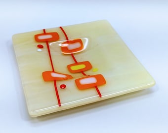 Mid-Century Modern Atomic Style Retro Cream, Orange and White Gloss Finish Glass Decorative Dish Plate