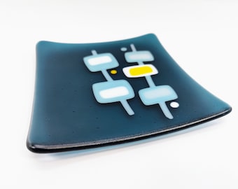 Mid-Century Modern Atomic Style Retro Blue, White and Yellow Matte Finish Glass Decorative Dish Plate