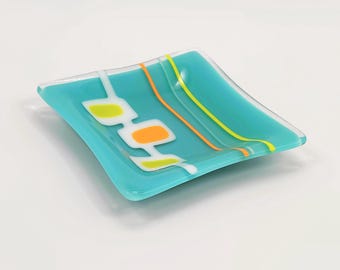 Mid-Century Modern Atomic Style Retro Turquoise, White, Orange and Green Glass Decorative Dish Plate