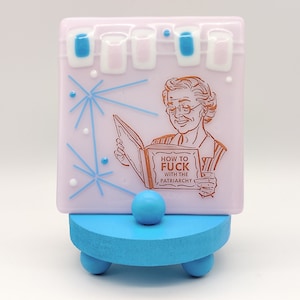 Mid-Century Modern Atomic Retro Funny Graphic Glass Art Standup with Custom Stand in Pink, White and Blue