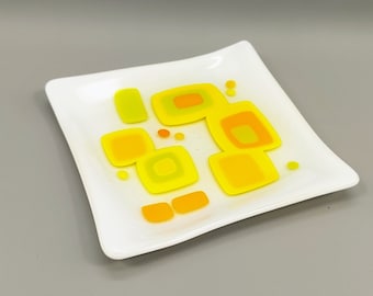 Mid-Century Modern Atomic Style Retro White, Yellow, Green and Orange Gloss Finish Glass Decorative Dish Plate