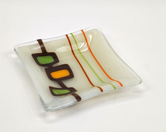 Mid-Century Modern Atomic Style Retro Cream, Brown, Green, Orange Glass Decorative Dish Plate