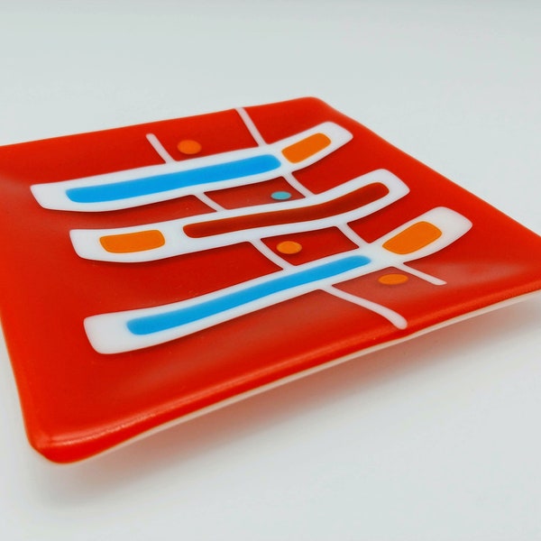 Mid-Century Modern Atomic Style Retro Orange, White and Turquoise Semi-gloss Finish Glass Decorative Dish Plate