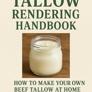 Op de afbeelding: Boekomslag met de titel "THE COMPLETE TALLOW RENDERING HANDBOOK" in donkergroene letters. Daaronder een heldere glazen pot gevuld met een romige witte substantie. De tekst "HOW TO MAKE YOUR OWN BEEF TALLOW AT HOME" staat eronder.