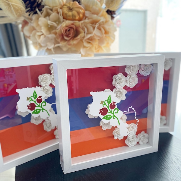 Armenia and Artsakh Frames- shadow box display frames- 9x9 frame- Artsakh flag and Armenia Flag designs- Paper flowers