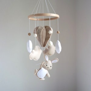 Baby mobile bunny with hot air balloon for boys and girls/children's room decoration/birth gift idea/neutral colors