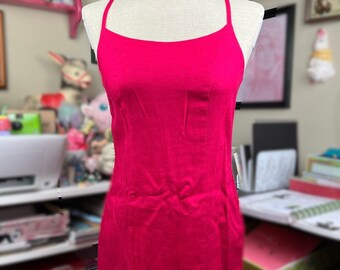Vintage Mini Dress Hot Pink Linen Blend 1990s Spaghetti Strap Sundress Mod Preppy Barbiecore size 4