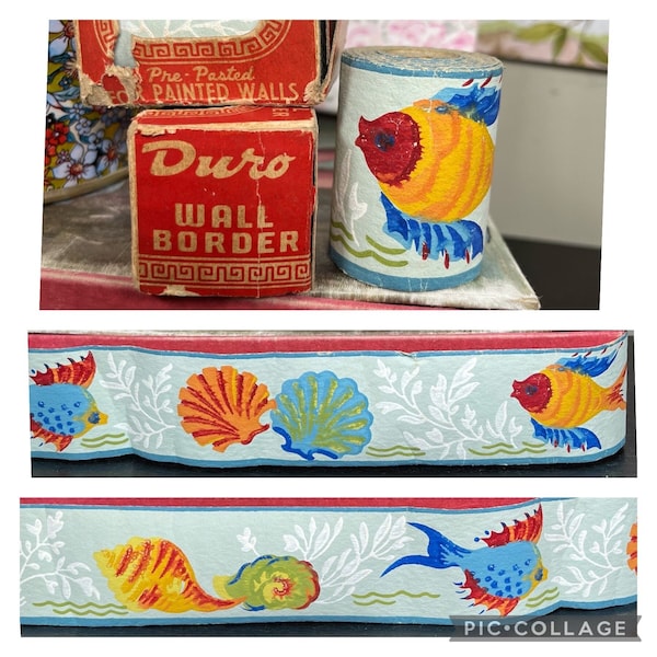Vintage Mid Century Wall Border Tropical Fish Shells DURO Wallpaper 1950s Lot of 3 NOS 12ft Rolls