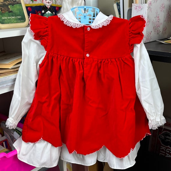 Vintage Toddler Pinafore Dress 1980s Red Velvet J… - image 8