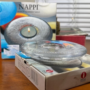 Vintage Iittala Finland Nappi Clear Art Glass Candle Holder 1990s 2000s Tealight Votive Pair Textured Retro Atomic UFO Designed Markku Salo