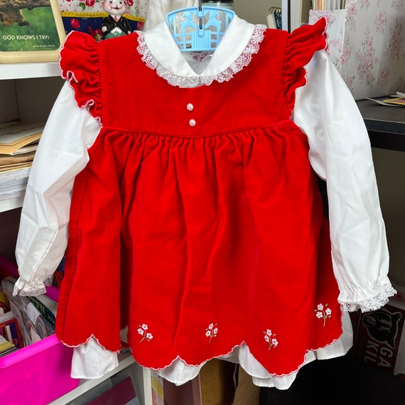 Vintage Toddler Pinafore Dress 1980s Red Velvet J… - image 2