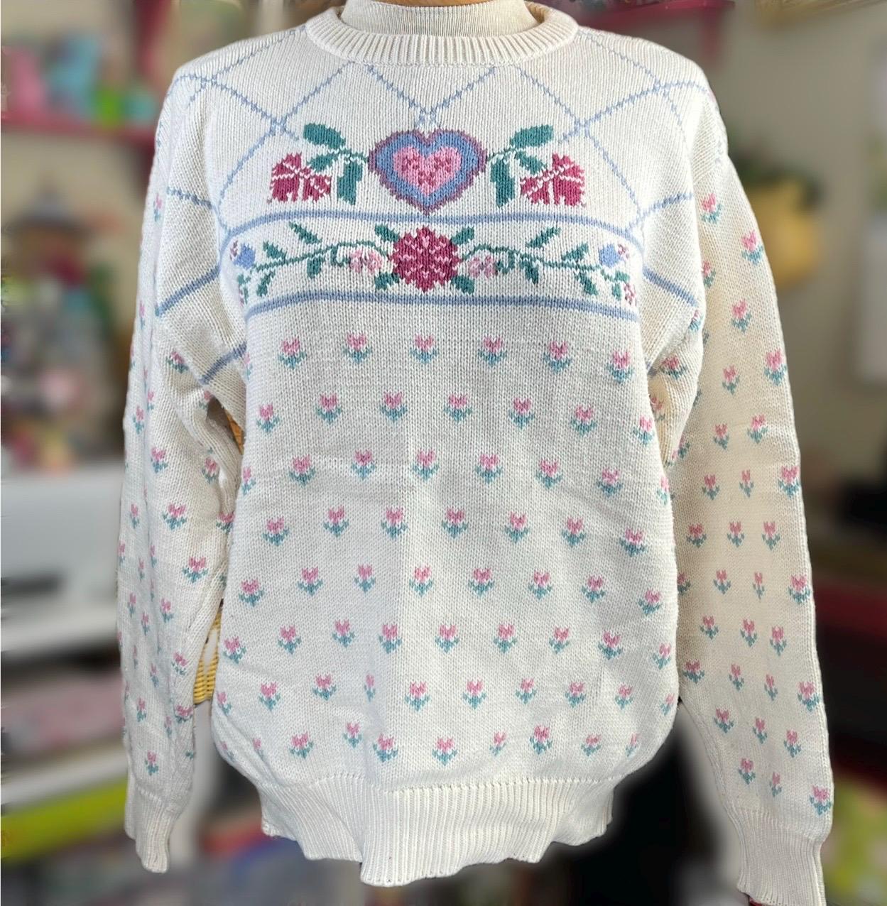 Vintage Eddie Bauer Sweater 1990s Heart Floral Pastel Cottage
