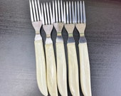 Vintage 1960s Quikut Forks Off-White Marble Plastic Handle Stainless Silverware 7 quot Set