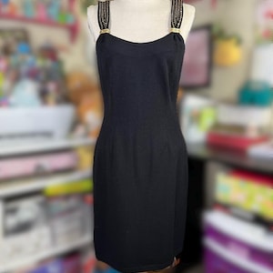 Vintage St. John Evening Black Dress 2000s Glam Cocktail Rhinestone Embellished Sleeveless Bodycon Santana Knit Little Black Dress Old Money