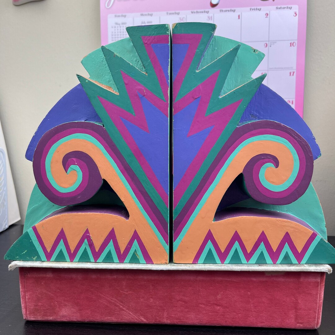 Vintage Art Deco Colorful Bookends 1980s Wooden Bright Dopamine Decor ...
