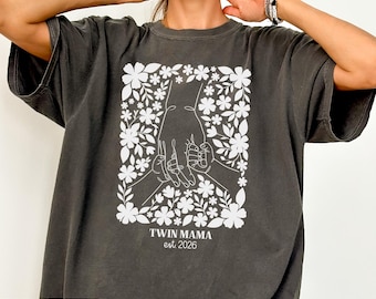 Twin Mom First Mothers Day Custom T-Shirt, New Mom Present, Linocut Flower Mama Tee, 1st Mothers Day 2026 Gift, Personalized Wildflower Mama