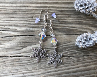 Holiday Snowflake and Swarovski Crystal Earrings, Christmas Earrings