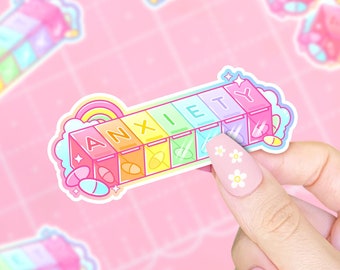 Anxiety Mental Health Pill Sticker | Kawaii Rainbow Pill Container Stickers - Cute Aesthetic Sticker Gifts for Her