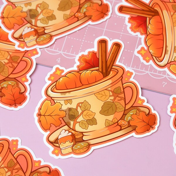 Pumpkin Teacup Autumn Aesthetic Sticker - Cute Halloween Pumpkin Spice Decor Laptop Stickers, Orange Fall Spooky Girl Coffee Sticker