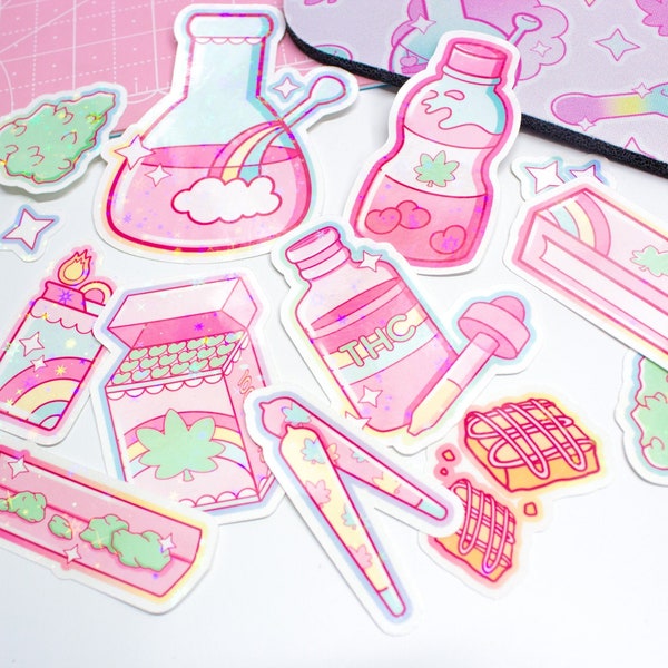 Rainbow Magic 420 Sticker Pack - Kawaii Marijuana Stickers, Cute Weed Stickers - Stoner Girl Aesthetic Sticker Gift