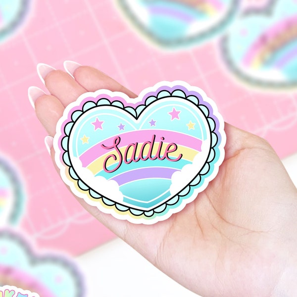 Customizable Rainbow Name Sticker Pastel Heart | Kawaii Custom Sticker, Cute Heart Name Sticker