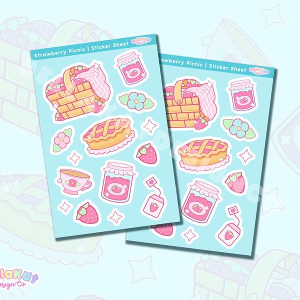 Kawaii Strawberry Picnic Sticker Sheet | Cute Cottagecore Stickers, Aesthetic Summer Strawberry Stickers