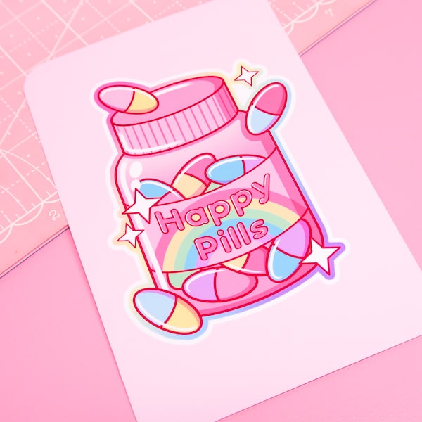 Rainbow Happy Pills Art Print | Cute Self Care Wall Art, Kawaii Mental Health Wall Decor