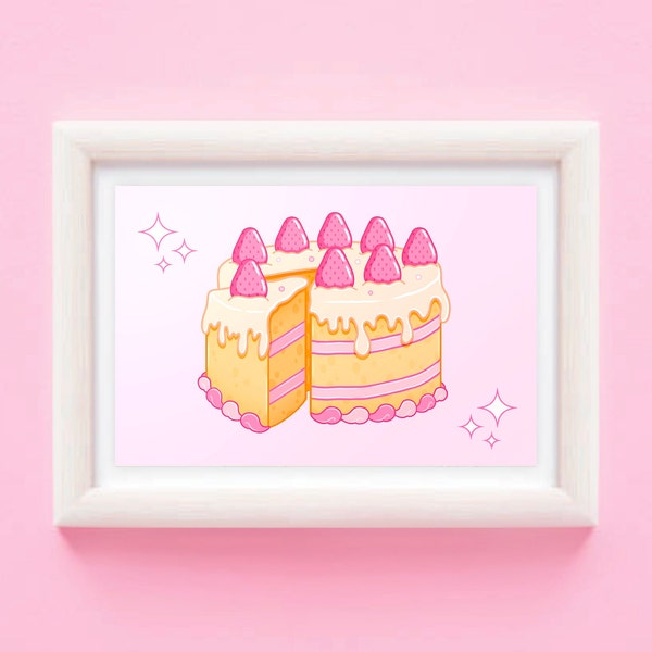 Décoration murale mignonne pour gâteau aux fraises - Art mural boulangerie kawaii - Gâterie rose Impression artistique