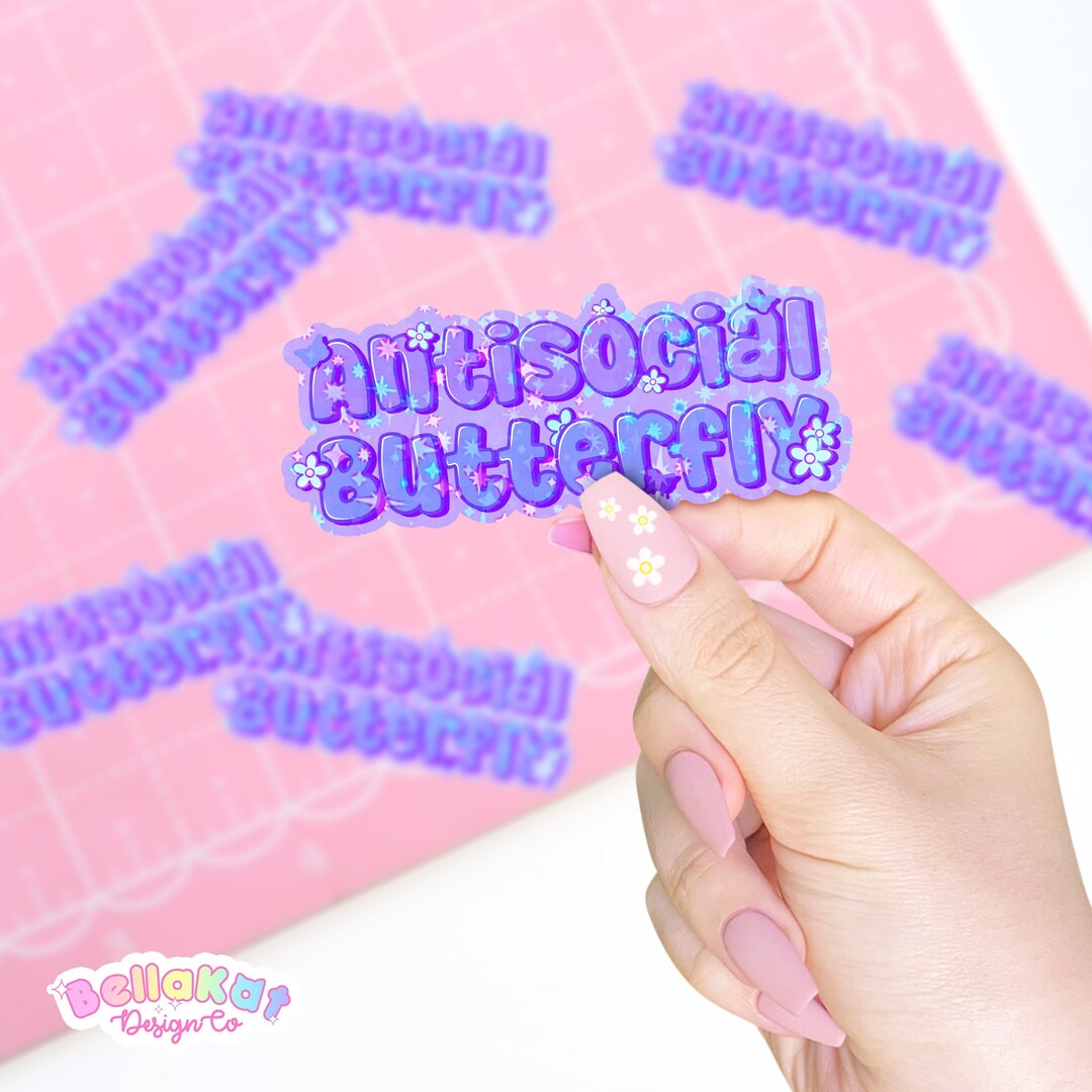 Purple Antisocial Butterfly Aesthetic Sticker Cute Mental Health Laptop