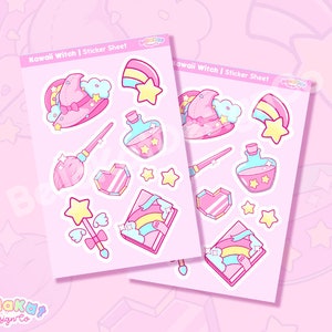 Pink Kawaii Witch Sticker Sheet | Cute Halloween Stickers, Pastel Magical Sticker Sheet