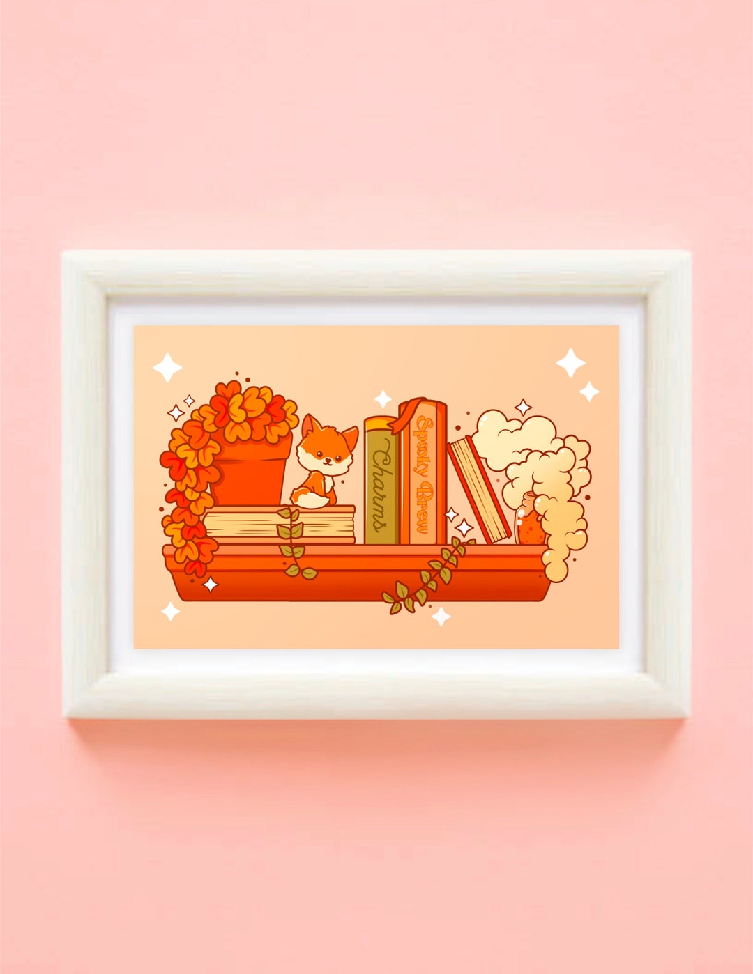 Autumn Bookshelf Cute Wall Art Print Cute Halloween Autumn Flower