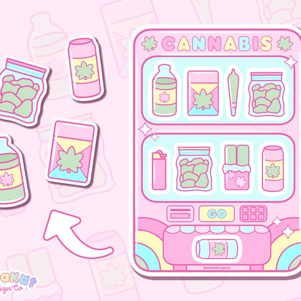 Kawaii Cannabis Vending Machine Sticker Sheet | Stoner Girl Stickers, Cute Weed Sticker Sheet