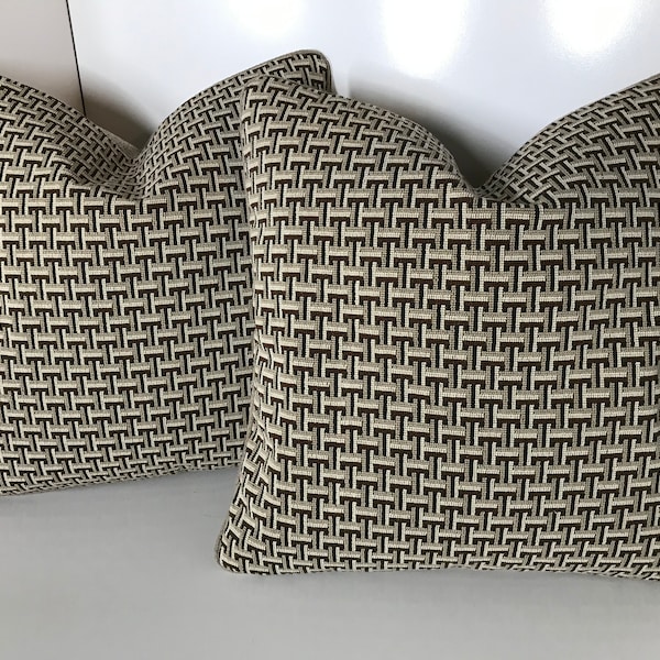 Pair of  Schumacher Epingle pillows,19" x 19" " Saxon Epingle" with a Lee Jofa heavy cotton blend fabric in the back, with zippers