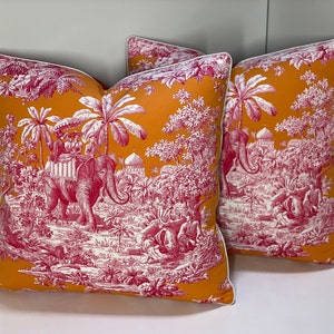 Pair of Manuel Canovas pillows 20" x 20"Front: " Bengale" with a Cayenne Red Mohair velvet back, with zippers