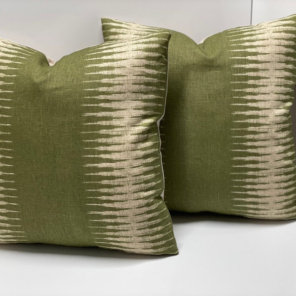 Pair of Peter Dunham textiles  pillows,Front: " Ikat Olive "  20" x 20" with a Beige Linen/Cotton Blend fabric back, with zippers.