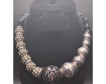 Saki 925 Sterling Silver Black Onyx Mega Statement Necklace 180g Artisan 1990s