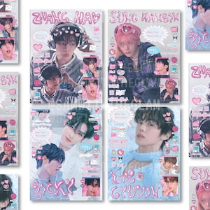 May include: A set of six colorful photo cards featuring different K-pop idols. Each card has a different background and features a different idol with a unique design. The cards are all in a similar style with a pink and blue color scheme and feature various text and graphics.