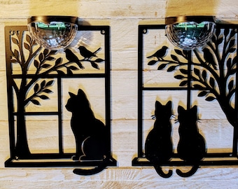Solar Cat Plaque – Metal Cat Silhouette Wall Art  Outdoor Solar Light Decor  Cat & Bird Garden Wall Sign