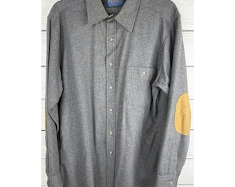 VTG Pendleton-wollen overhemd heren L-knoopsluiting grijze elleboogpatch gemaakt in de VS
