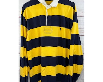 Polo Ralph Lauren Rugby Shirt Mens Large Yellow Navy Blue Striped Long Sleeve
