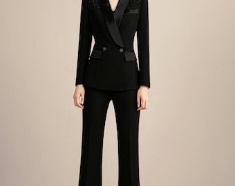 Ladies black embroidered PHOEBE dressy pants suit size 8 evening wedding 